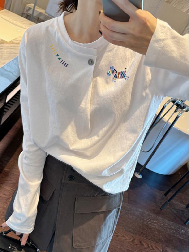 長袖 Tシャツ レディース カットソー アシンメトリー ボタン付き アニマル 刺繍 クルーネック ゆったり カジュアル トップス 春 秋 シンプル おしゃれ ロンT 柔らかい 綿混 プルオーバー ワン