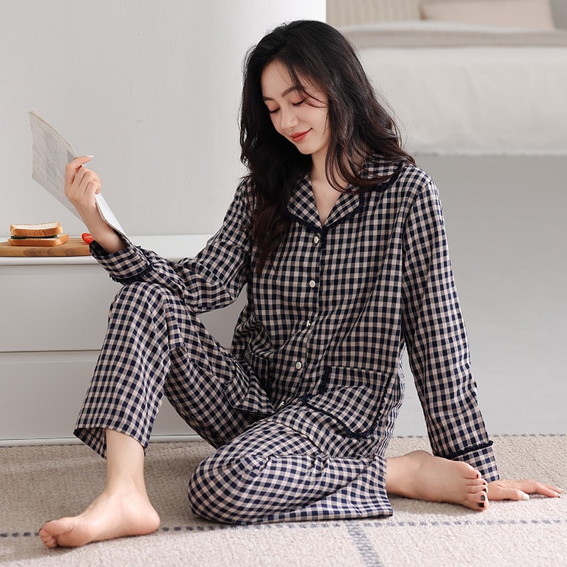パジャマ レディース お部屋お召しもの ギンガム読み合わせる 上下仕掛ける 前食い違い 長袖 長ズボン お部屋着 寝巻き パステル色の Vのど首 ゆったり 春 秋 冬 好いたらしい 御休み 差し上げ物 好いたらしい 差し上げ物 襟なし 着飾る