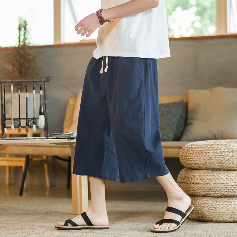 サルエルパンツ メンズ 七分丈 涼しい ワイドパンツ 綿麻 リネン 夏服 ゆったり 大きいサイズ 夏 リラックス ボトムス カジュアル ウエストゴム 調整紐 通気性 袴パンツ バギーパンツ クロップド