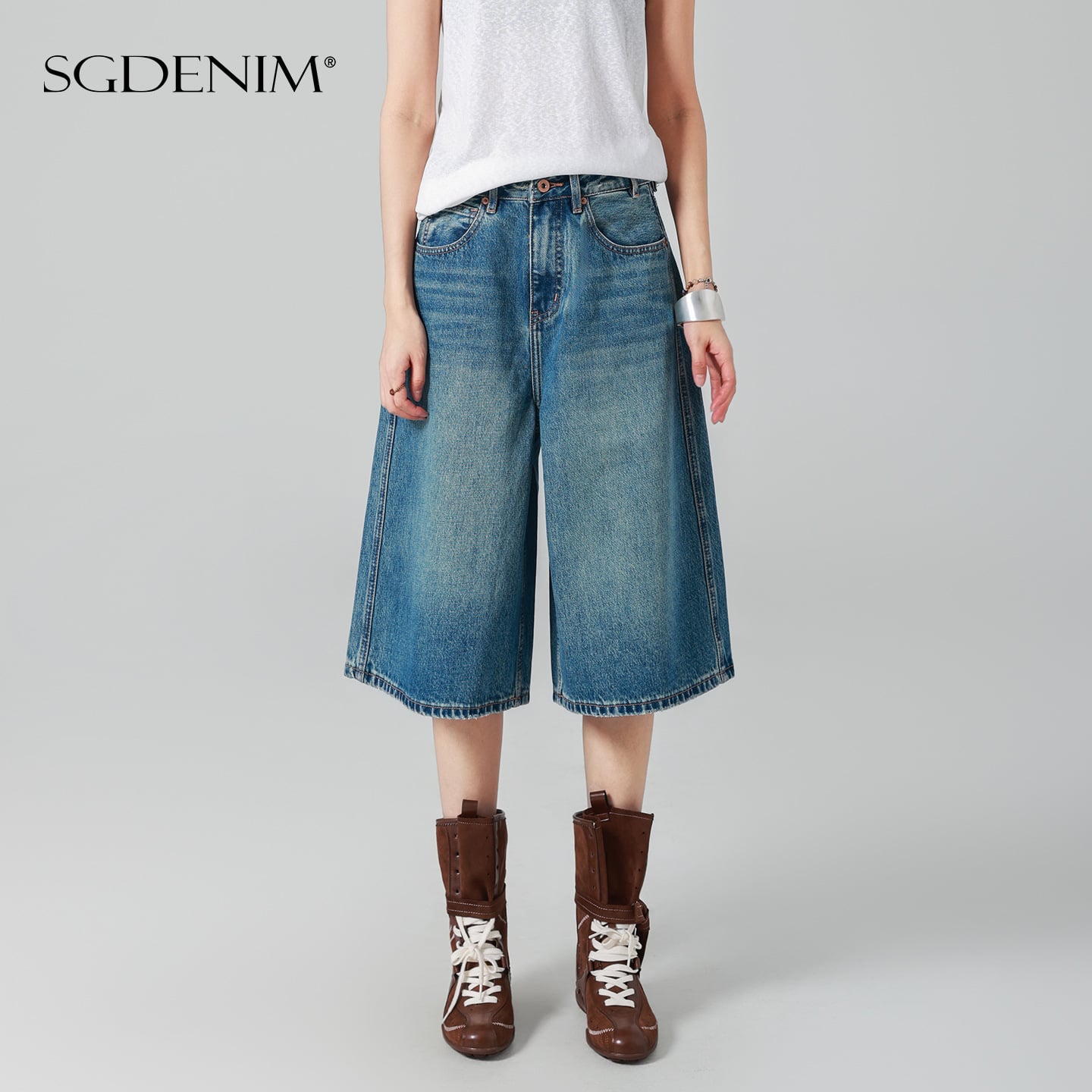 デニムレディース ハーフパンツ パンツスカート ワイドパンツ ドロストパンツ 膝丈 五分丈 カジュアル ヴィンテージ ハイウエスト ゆったり ボトムス ストレートパンツ アンクル 通学 デイリー 美脚