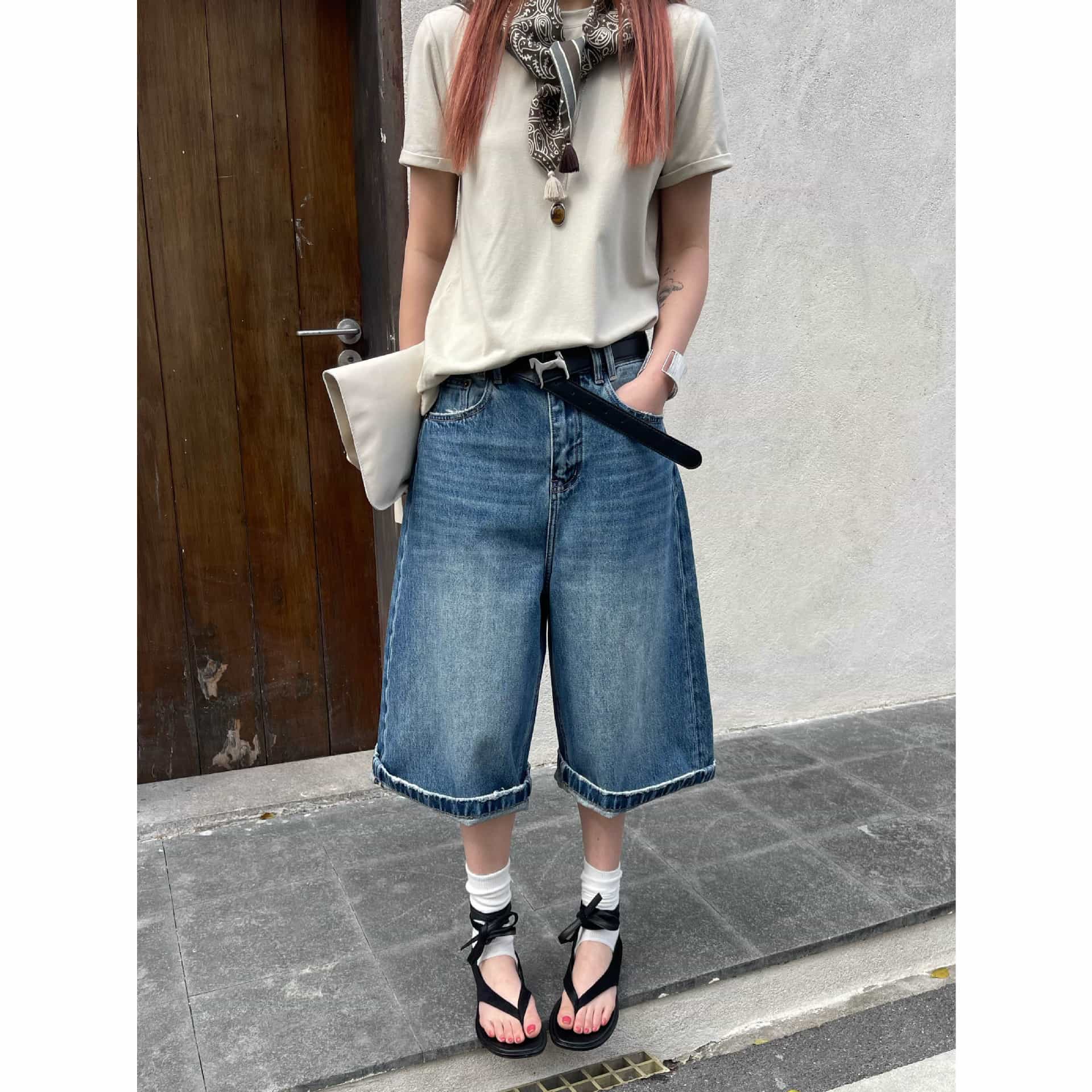 デニム ハーフパンツ レディース ヴィンテージ風 ウォッシュ加工 ワイドシルエット 五分丈 ゆったり 履き心地 快適 カジュアル ストリート ボトムス 春 夏