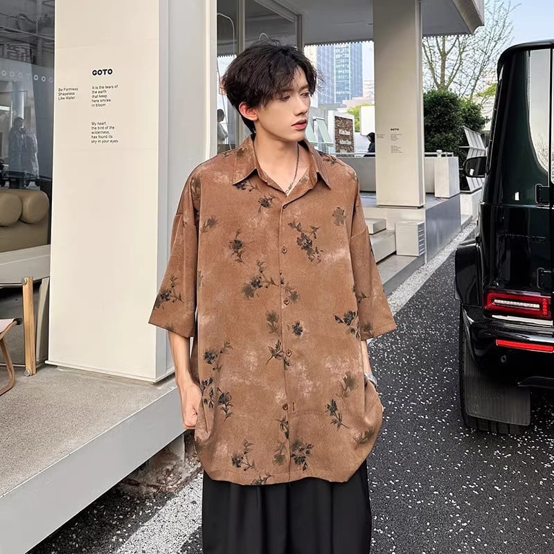 柄シャツ メンズ 半袖 開襟シャツ 花柄 シャツ ビッグシルエット 接触冷感 トップス 五分袖 夏服 オーバーサイズ レトロ 総柄シャツ カジュアル ストリート系 ファッション おしゃれ 涼しい 薄手