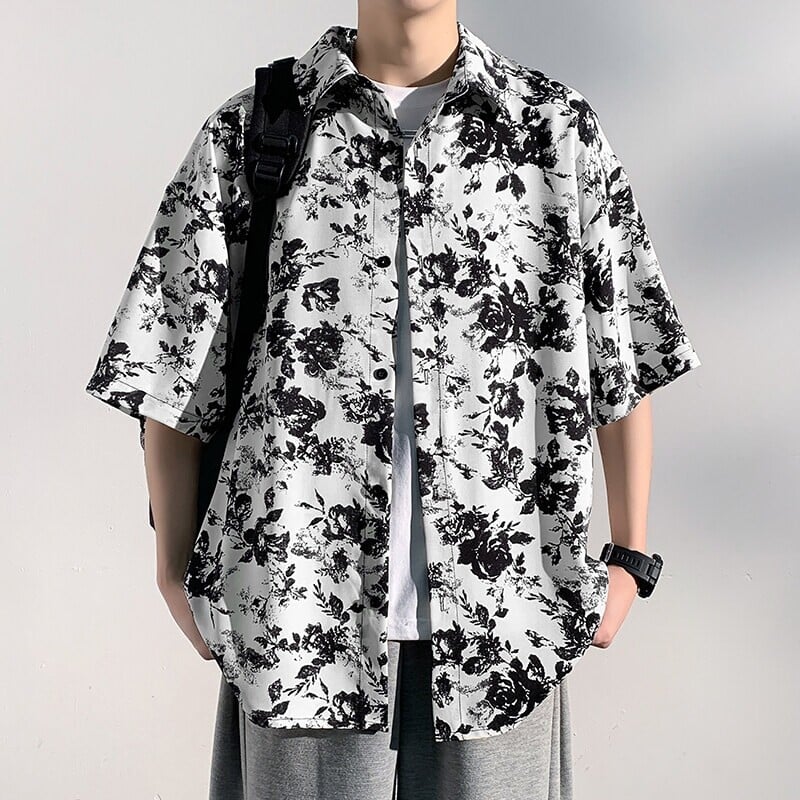 アロハシャツ メンズ 半袖 花柄 シャツ 襟付き カジュアル 夏服 総柄 バラ柄 お洒落 オーバーサイズ ビッグシルエット 薄手 涼しい 速乾 開襟シャツ 紳士服 トップス ストリート 羽織り 普段着