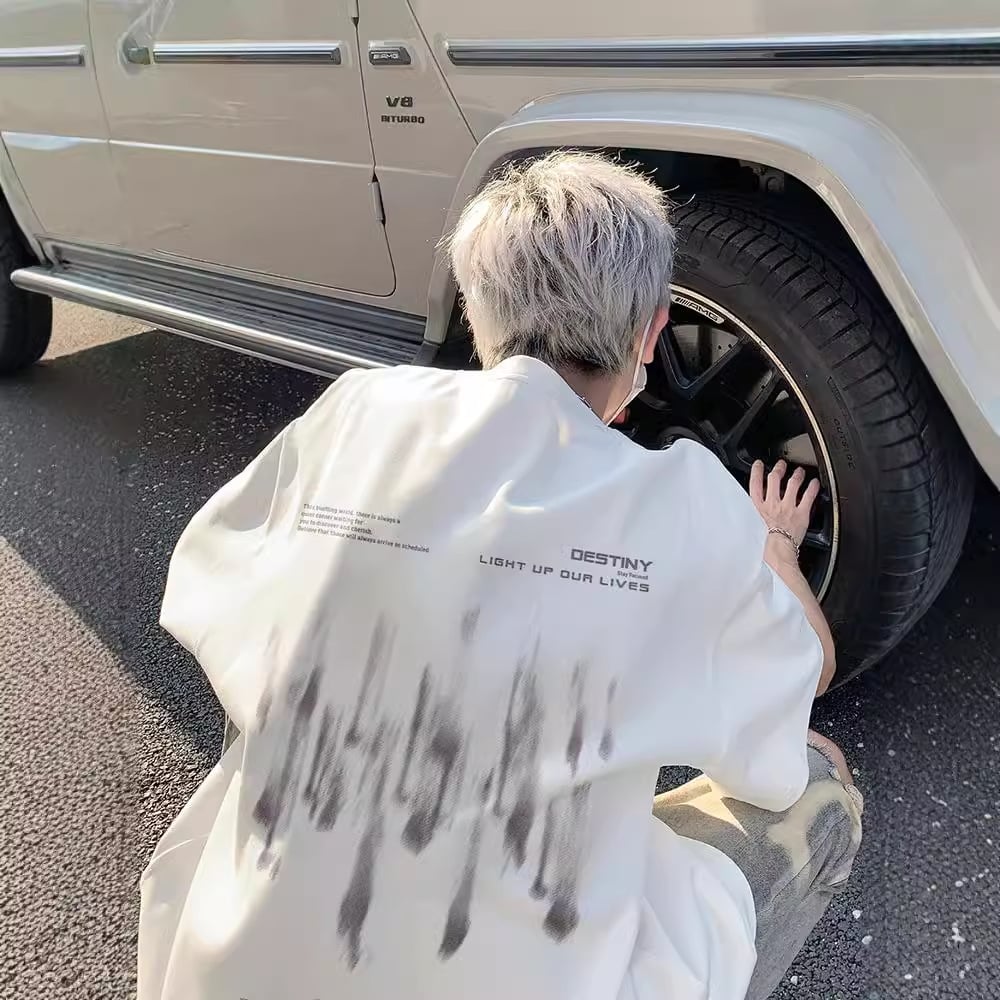 Tシャツ メンズ 半袖 バックプリント オーバーサイズ ビッグシルエット ティーシャツ ストリート系 英字 ロゴ 夏服 韓国 ファッション クルーネック ドロップショルダー トップス カットソー 丸首 ゆったり 大きいサイズ 白 ホワイト おしゃれ かっこいい 体型カバー