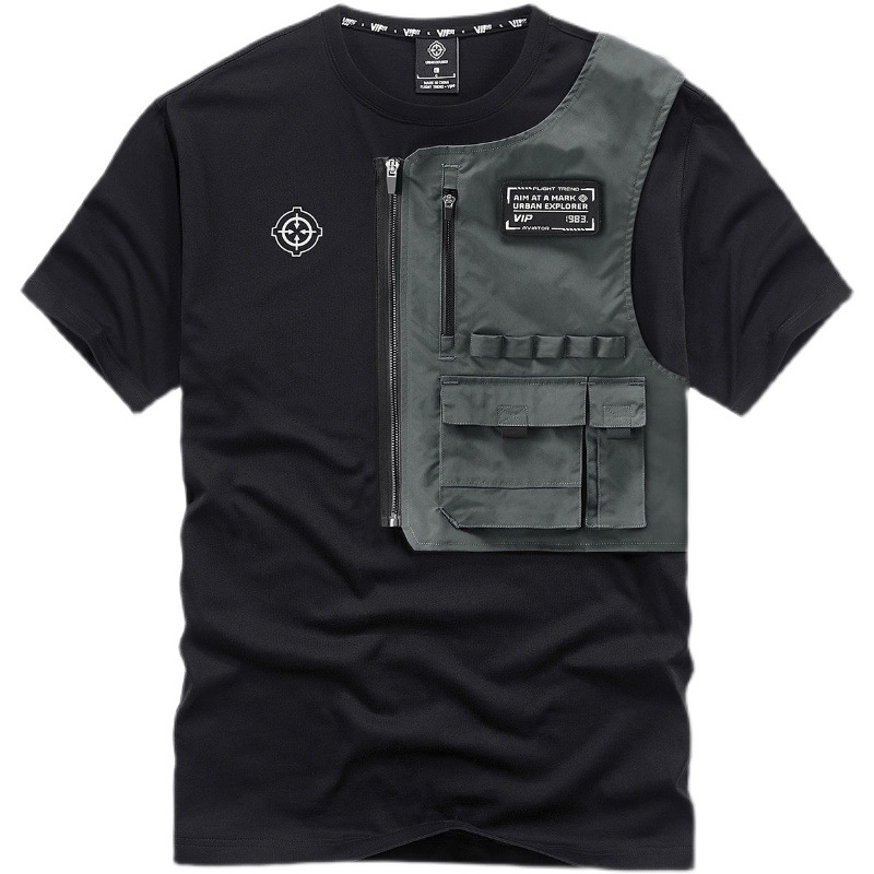 【テックウェア】Ｔシャツ メンズ 半袖 フェイクレイヤード 重ね着風 ミリタリー ワーク ストリート マルチポケット クルーネック 個性的 アシンメトリー ゆったり 大きいサイズ 異素材 サバゲー アウトドア 釣り キャンプ お洒落 黒 灰 モード タクティカル 春 夏