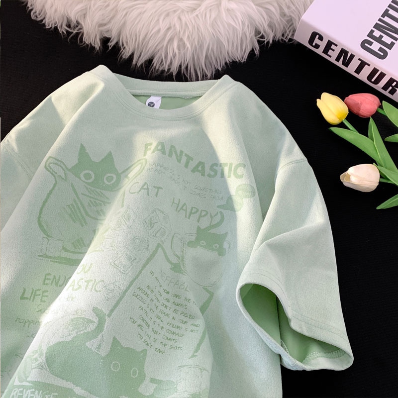 【もっちりスエード調】 Tシャツ 半袖 猫柄 プリント レディース メンズ オーバーサイズ ビッグシルエット トップス カットソー ティーシャツ ねこ アニマル ゆったり 体型カバー 二の腕カバー 着痩せ 大きいサイズ カジュアル 韓国 ファッション ストリート 春 夏 秋