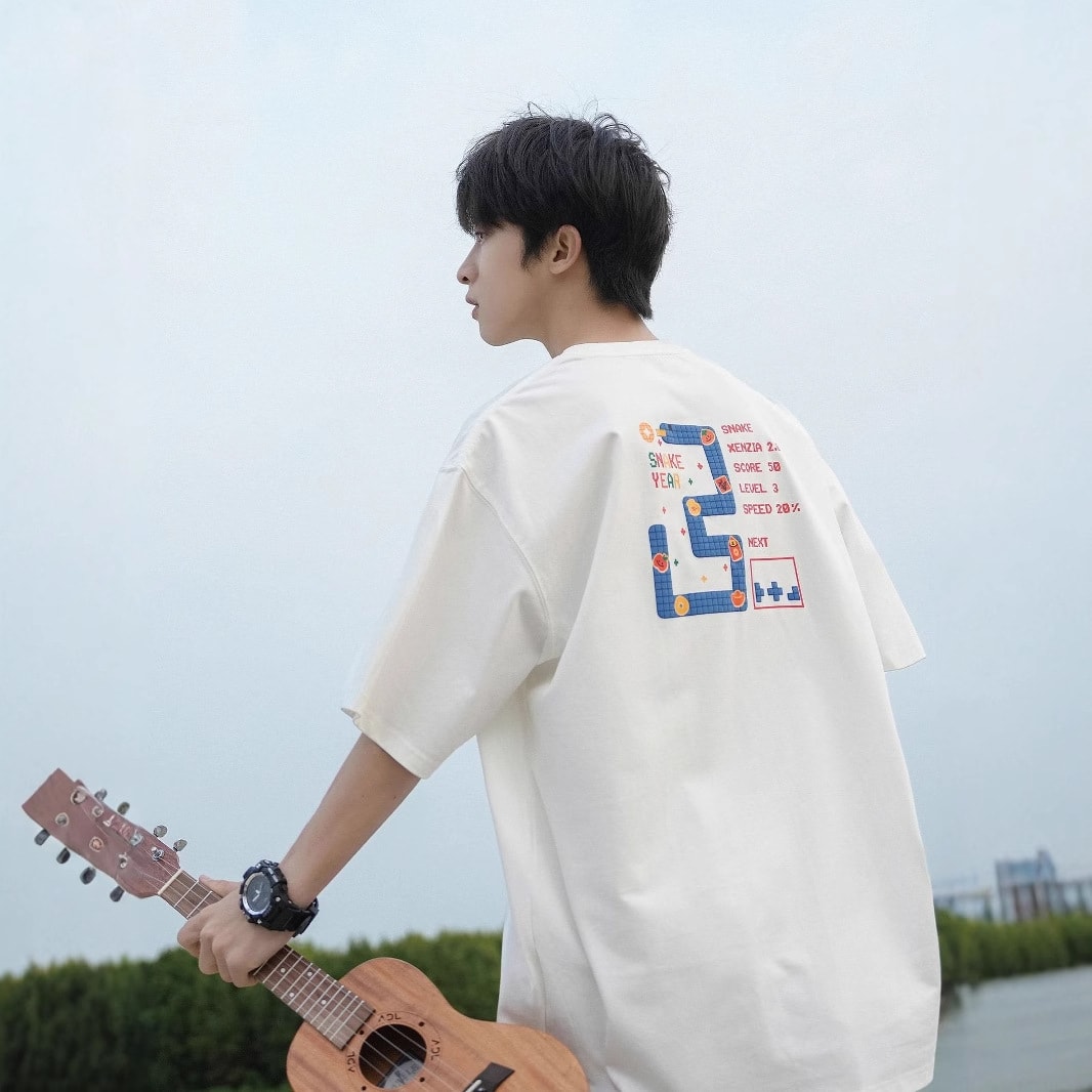 【レトロゲーム風】Tシャツ メンズ 半袖 バックプリント ビッグシルエット ティーシャツ オーバーサイズ 厚手 ヘビーウェイト カットソー トップス ドロップショルダー 5分袖 クルーネック 8ビット ドット絵 グラフィック 英字 ストリート カジュアル 男女兼用