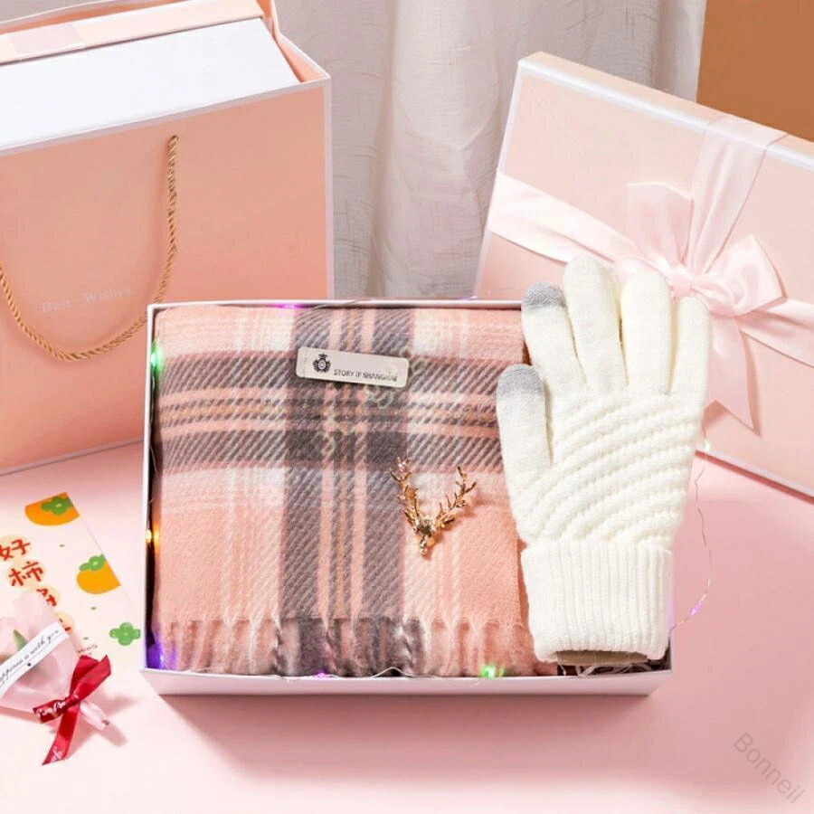 プレゼント マフラー＆ニット手袋セット レディース 無地 2点セット ストール マフラーセットボックス入り 女性用防寒小物ギフト 花柄ラッピング対応 贈り物に最適