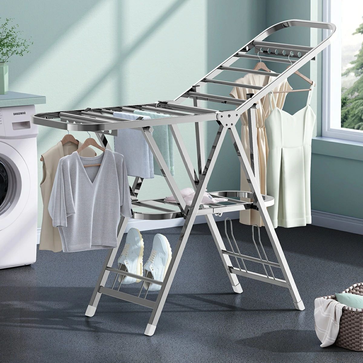 コンパクト折りたたみ 物干しスタンド 140-160cm ステンレス製 室内 屋外 布団干し ベランダ バルコニー 洗濯干し 物干し竿 タオル干し 省スペース 軽量 シーツ 衣類 ハンガー