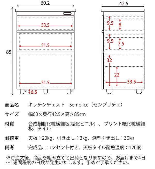 ブランドのギフト 耐熱タイル天板キッチンチェスト Semplice 完成品