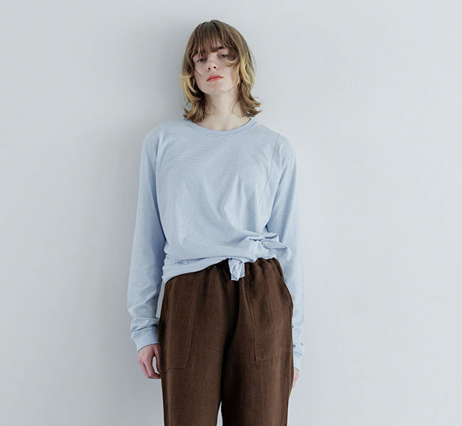 MEYAME メヤメ MEY-2327 BORDER SLIT LONG SLEEVE TEE 間借り人細長い切口長袖Tee トップス-レディースファッション