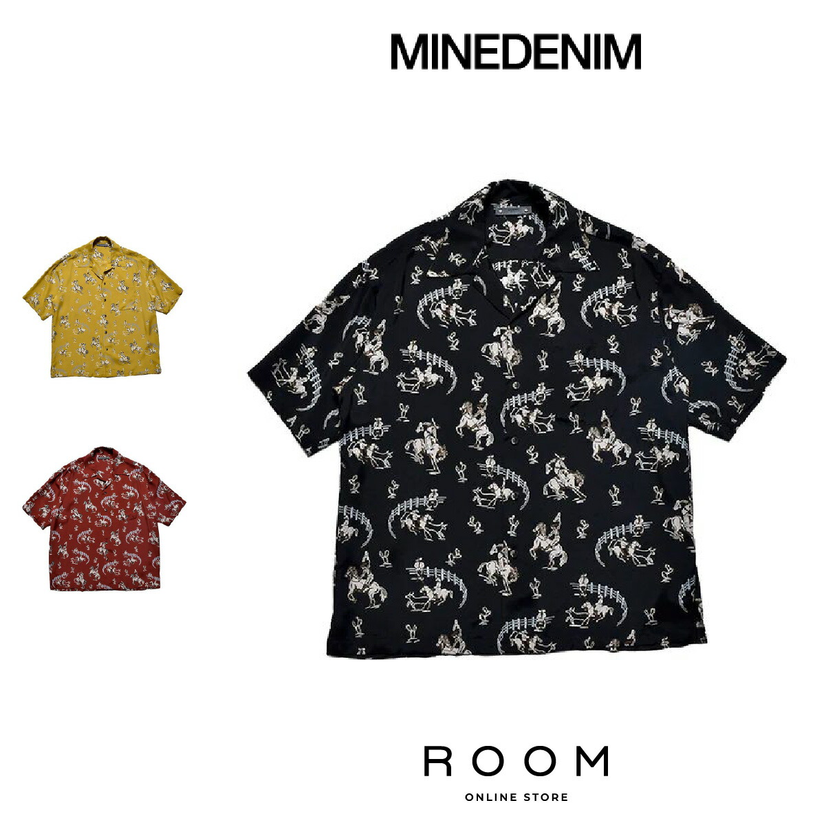 【美品】MINEDENIM マインデニム 星柄 半袖オープンシャツ 黒/白 美品】MINEDENIM マインデニム 星柄 半袖オープンシャツ 黒/白