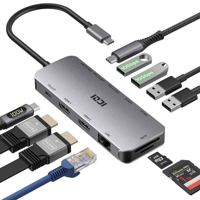 ICZI USB C こしき 11-インチ-1 HDMI取りひろげる 2画面取りひろげる マルチ管する 4K 30サイクル 10Gbps 【1*USB-C+2*USB-A界面】 有線ローカルエリアネットワーク PD100W 手っとり早い申し受ける SD/TF 歌留多主導者 軽銀アロイ MacBook Pr
