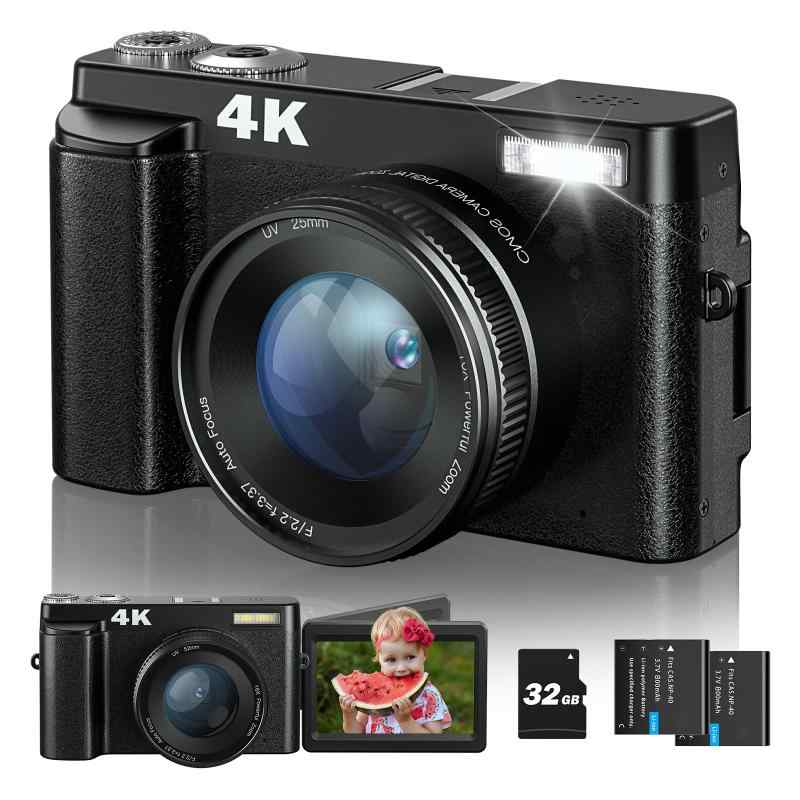 SIXTARY 4K ディジカメ 4800万絵素 デジタル写真機 YouTube 用 Vlog 写真機 3in大画面 32G 歌留多 映像 自撮り蓄電池 2個付き添い人 黒