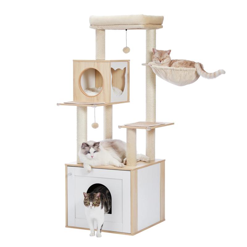 PETEPELA(ぺテぺラ) キャットタワー トイレ目隠し 木製 収納 多用家具 インテリア 猫タワー 多頭 安全対策 滑り止めマット付き 猫ハウス ベッド - 高さ150cm ベージュ|RoothouseStore