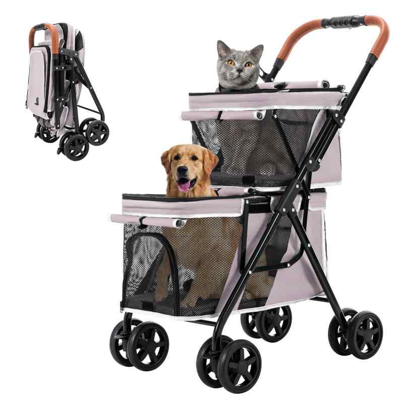 LPOTIUS ペットカート 多頭 上下2段式 ペットバギー ワンタッチ 折りたたみ 犬用ベビーカー コンパクト 収納便利 4輪 前輪360°回転 後輪ブレーキ付き 軽量 犬用カート 小型犬 中型犬 犬猫兼用 |RoothouseStore