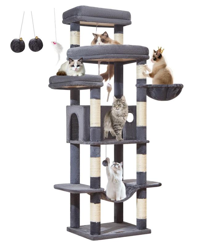 Taoqimiao キャットタワー 高さ180cm 大型猫用 多頭飼い 猫タワー 据え置き型 超スリム 省スペース 安定感 運動不足解消 猫ハウス 超大型扇形プラットフォーム 天然麻紐 爪研ぎ棒 9本爪とぎ柱 ｜RoothouseStore