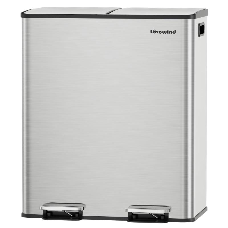 Lovewind ゴミ箱 2分別、30L×2台 キッチンゴミ箱 蓋付き 2コンパートメント ステンレス製ゴミ箱 取り外し可能なインナーバケツ付き キッチン/ホームオフィス用 シルバー|RoothouseStore