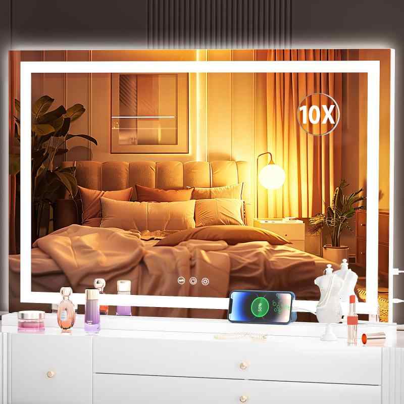 Hasipu ハリウッドミラー 女優ミラー 化粧鏡 LED ライト付き 10 倍取外拡大鏡 &amp; USB 付 3 色調光 タッチメモリー 卓上壁掛両用 80&times;50cm 直角フレーム ホワイト｜RoothouseStore