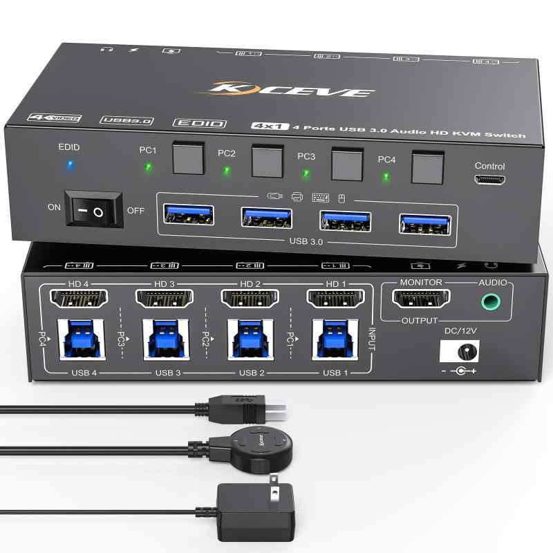KVM スイッチ 4 台のコンピューター 8K@60Hz 4K@120Hz、シミュレーション EDID、4 台のコンピューター用 USB3.0 KVM スイッチ、1 台のモニターを共有、キーボード、マウス、ヘッドセットを共有、有線｜RoothouseStore