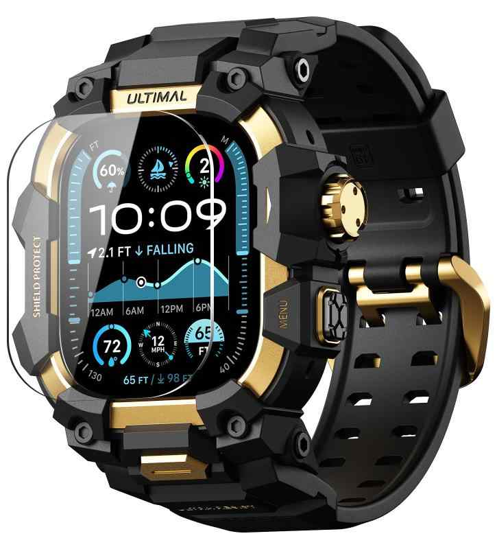 ULTIMAL に相応う Apple Watch Ultra 3/Ultra 2/Ultra（49粍）用 ダンス楽隊一体型保護すること容れもの 強化因子硝子写真フィルム付き添い人 TPU 耐衝撃 高耐久 飾り気の無いとり備える 通気性 アウトドア/運動競技向け ゴールド・黒いこと