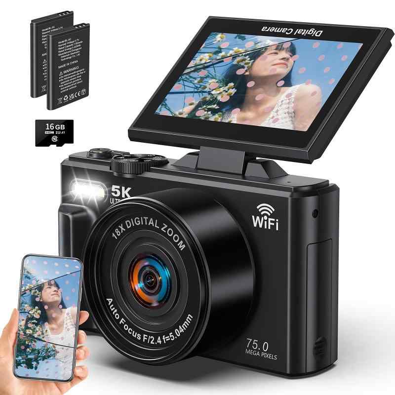 Beho ディジカメ 7500万絵素 5K録画 デジタル写真機 スマホに送れる Wi-Fi役立つこと 180度回転させる能力のある見せびらかす 3.0in大画面 18倍デジタル望遠レンズ オート興味の中心 年代順の継続映画化 自撮り 16GBマイクロSD鉄道車両