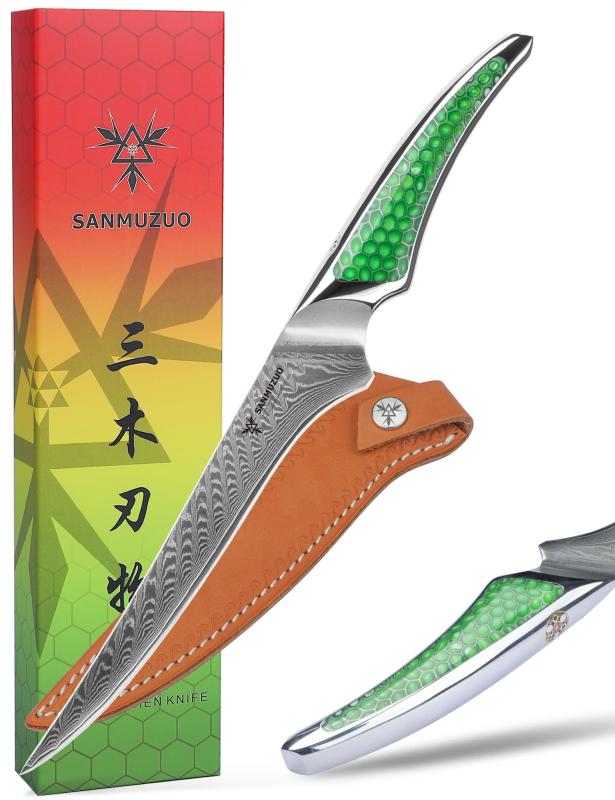 SANMUZUO 7 in フィレナイフ、超小ざかしいなシリアの首都鋼キッチンフィッシュナイフ、緑であること脂のフルタングハンドル付き添い人骨抜き九寸五分、天使の都市-S9 続きもの