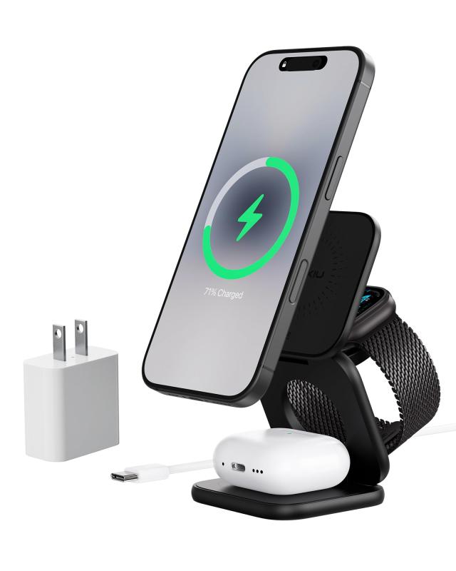 KU XIU X40 Turbo Qi2.2 25W マグネット式ワイヤレス充電器 折りたたみ 3in1 ワイヤレス充電ステーション iPhone 17/16/15/14/13/12対応 iWatch & AirPods 5W対応 アルミニウム合金設計 ブラック|RoothouseStore