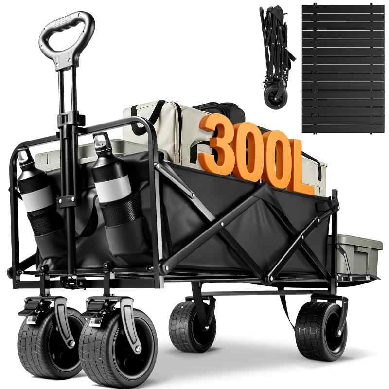Aasnsn キャリーワゴン 【300L大容量 耐荷重250kg 長物対応 後部展開可】 キャリーカート テーブル付き ボトルポケット付き アウトドアワゴン キャンプ 折りたたみ ワンタッチ収束式 軽量 静音 ｜RoothouseStore