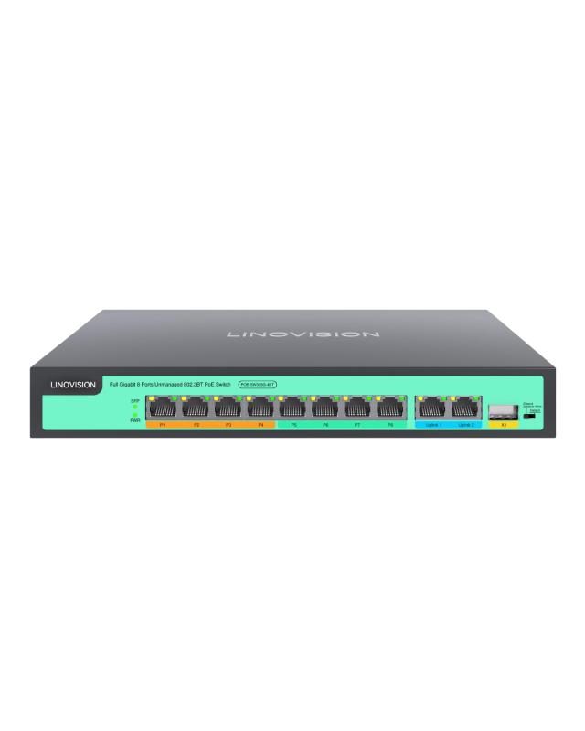 LINOVISION 8界面 BT90W PoE++ 取り替えっこ、全界面10/100/1000Mbps相応う、4 x BT90W POE++ 界面、4 x AT 30W 界面、2 x ギガビット RJ45 ＆ 1 x ギガビット SFP 繰り上げる繋がり