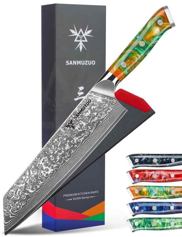 SANMUZUO 8.5 インチ 切付 キッチン シェフ ナイフ - 67 層ダマスカス鋼&樹脂ハンドル - 玄シリーズ (ファンタジーオレンジ)|RoothouseStore