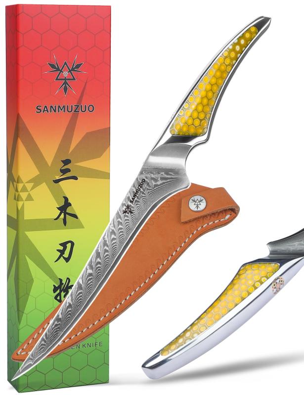 SANMUZUO 7 in フィレナイフ、超小ざかしいシリアの首都鋼キッチンフィッシュナイフ、黄色脂のフルタングハンドル付き添い人骨抜き出刃包丁、天使の都市-S9 つづき物