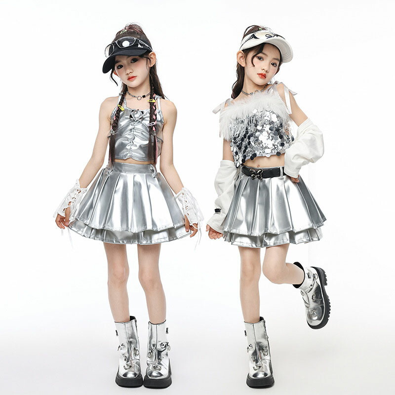 ダンス衣装 シルバー キッズ 3点セット ケープ スカート スパンコール キャミソール ダンス衣装 舞台 団体服 演出服 ヒップホップ 女の子 銀 スカート かわいい Hiphop k-pop ダンスウエア ステージ衣装 ジャズダンス jazz 発表会 応援団 公演服 練習着