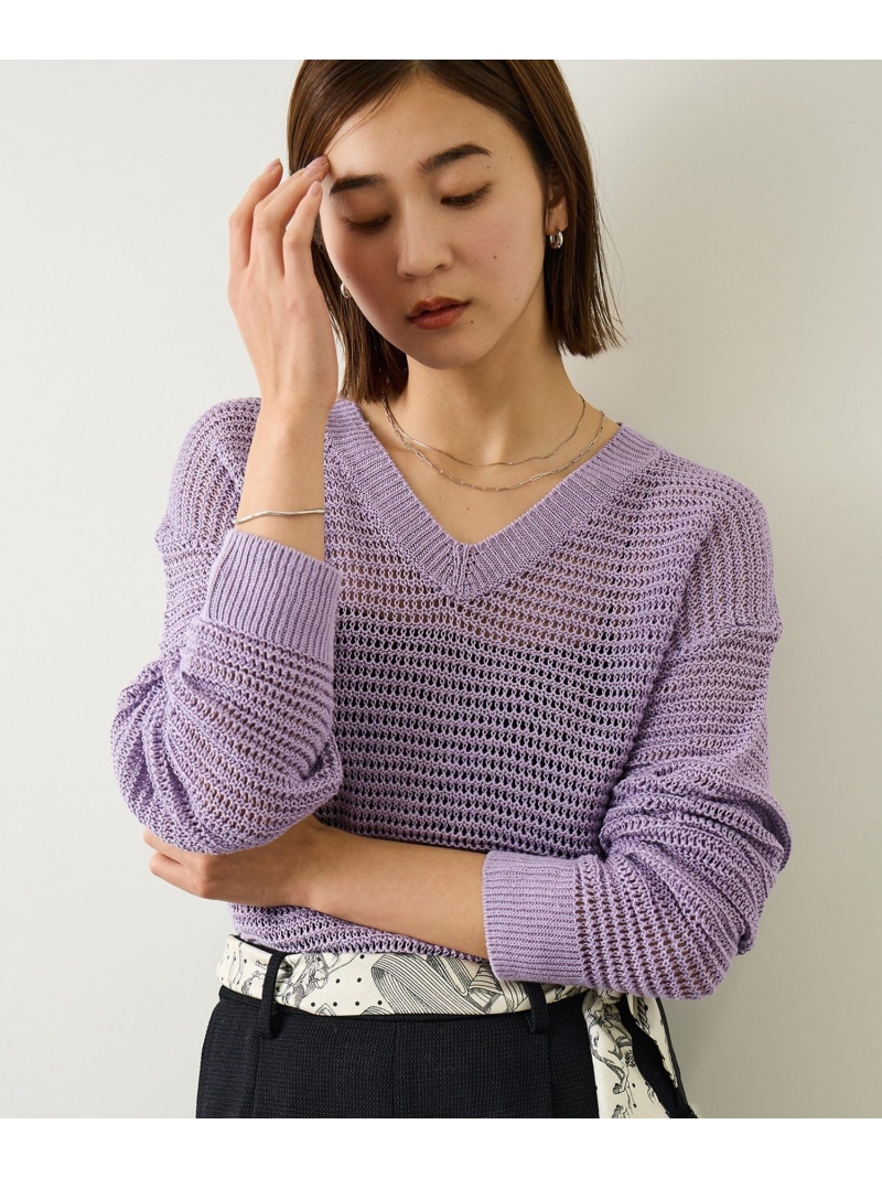リネン畦編みVネックニット/イージーケア ROPE' ロペ トップス ニット パープル ベージュ【先行予約】*【送料無料】[ Fashion]