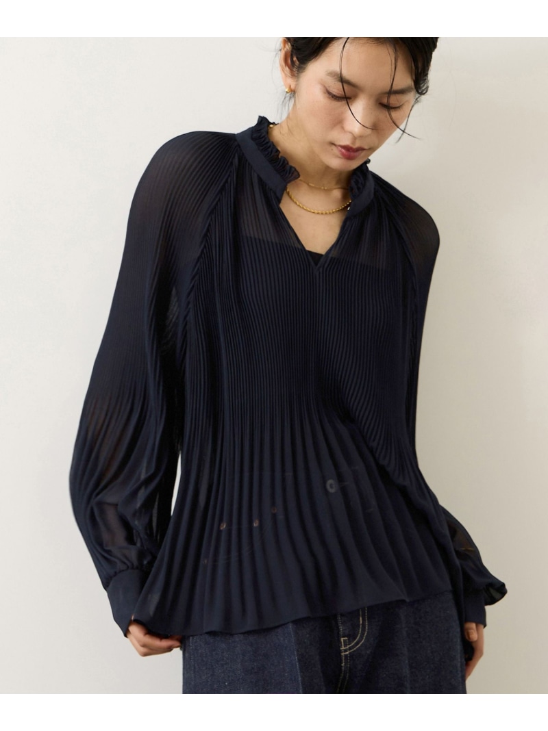 スタンドフリルプリーツブラウス/イージーケア ROPE' ロペ トップス シャツ・ブラウス ネイビー ホワイト【送料無料】[ Fashion]｜ROPE&rsquo;