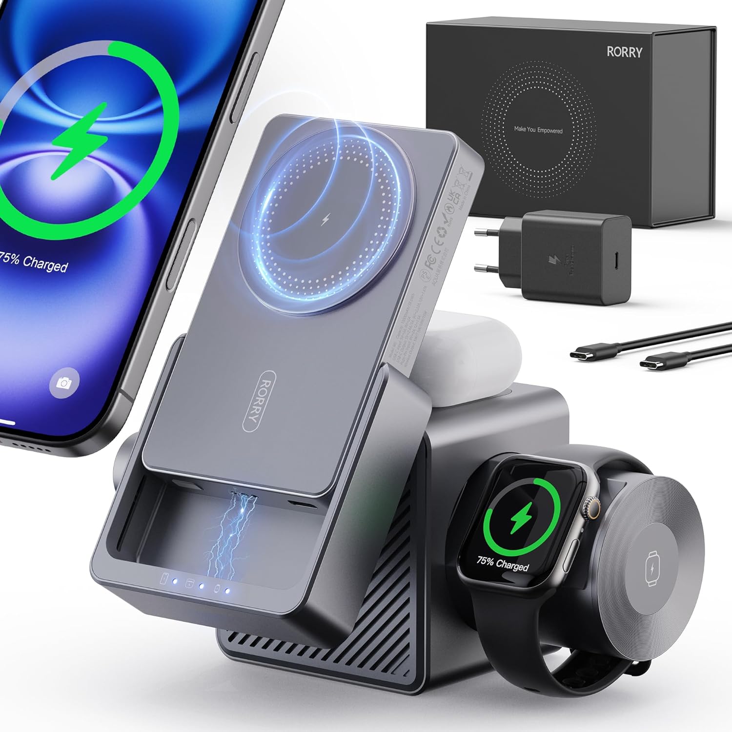 ★SS限定1600円OFF!【自信作 究極の充電器 45W】RORRY ワイヤレス充電器 4in1 magsafe対応 モバイルバッテリー 大容量 薄型 アップルウォッチ充電器 15W マグセーフ充電器 急速充電 USB-C電源アダプター付 充電ステーションfor iPhone/apple watch/airpods