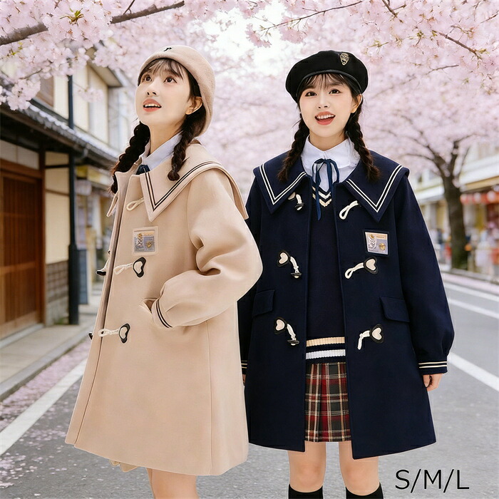 スプリングコート レディース ステンカラーコート ミディアムコート ノーカラー ロリータ 冬服 リボン レディース ジャケット ロリータコート ロリータアウター トップス アウター 小柄 可愛い 学生 通学 通勤 ゴスロリ 厚手 防寒 寒さ対策 秋冬 ベージュ ネイビー S M