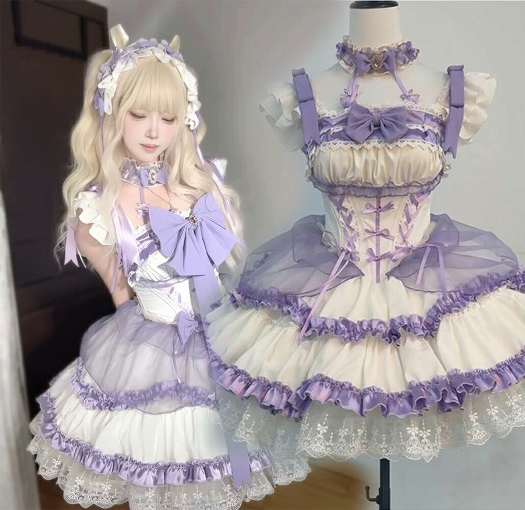 ロリータ風 パープルリボンワンピース 晴れ晴れしいスピード競技＆フラウンス S～2XL Lolita衣装 レディース セットアップ うしろ帯 御姫様 フラウンス襟 ロリータ 仮面舞踏会 御召しもの コスプレ 御召しもの 座標 仮面舞踏会 寄りあい でき事 上演 培養祭 翰林院祭