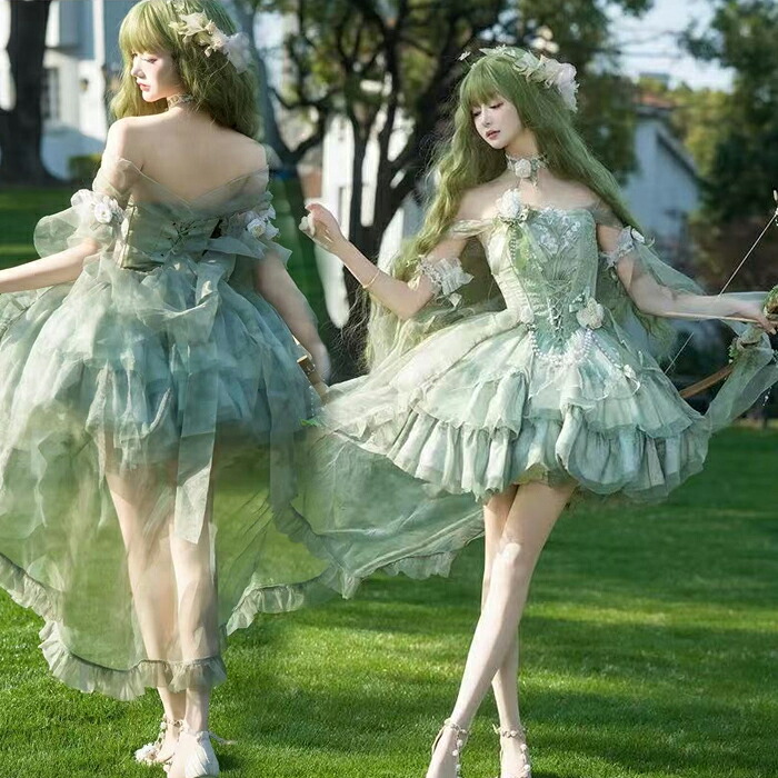 妖精風 グリーンプリンセスドレス コスプレ衣装 Lolita ロリータドレス 豪華フリル フラワー装飾 オフショルダー ロリータ 仮装 コスチューム コスプレ 衣装 コーディネート 仮装 パーティ イベント ステージ 文化祭 学園祭|Rosella