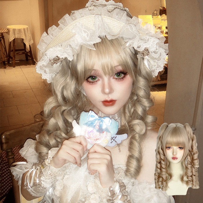 ロリータ ウィッグ ツインテール ロング カール フルウィッグ 前髪あり 耐熱 アッシュベージュ リボン付き 前髪あり 原宿風 ふんわり前髪 ぱっつん前髪 コスプレ 可愛い コスチューム 仮装 大人用 普段使い 文化祭 イベント 自然 ふんわり カール