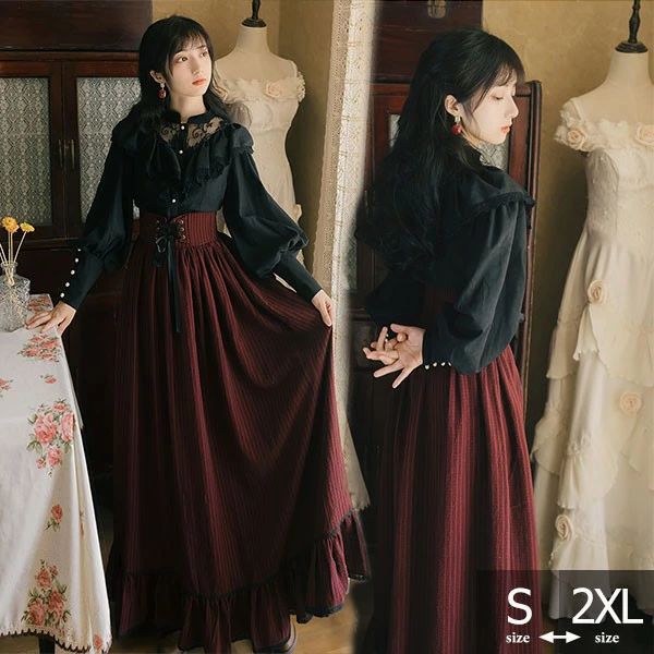 ロリータ フリル ブラウス スカート ロング丈　Aライン ワンピース 大きいサイズ クラロリ ゴスロリ 中世ヨーロッパ ワンピース ゴシック様式 ストライプ柄 袖付き Lolita リボン クリスマス コスチューム 衣装 仮装 パーティ 学園祭 文化祭 デート 茶話会