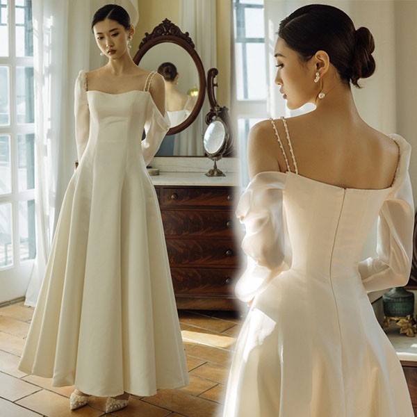 花嫁 ウェディングドレス プリンセスライン 白ドレス トレーンドレス 長袖 ワンピース プリンセス シンプル 結婚式 披露宴 前撮り 後撮り 撮影用 フォトウェディング 小柄 小さいサイズ ロングドレス|Rosella