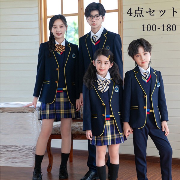 学生服 子供服 韓国風 ピアノ発表会 上下セット キッズスーツ キッズフォーマルスーツ 女の子 男の子 女児 小学校 高校生 中学生 制服 ジャケット ブラウス スカート リボン 七五三 誕生日 合唱服 団体 卒業式スーツ 入学式 入園式 卒園式 100｜Rosella