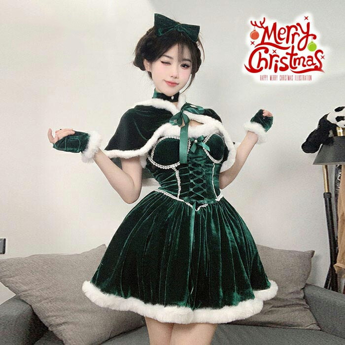 サンタ コスプレ レディース セクシー クリスマス 豪華 緑 ワンピース+マント 5点セット かわいい コスチューム テーマ衣装 仮装  可愛い 女性 大人 Xmas Christma`s