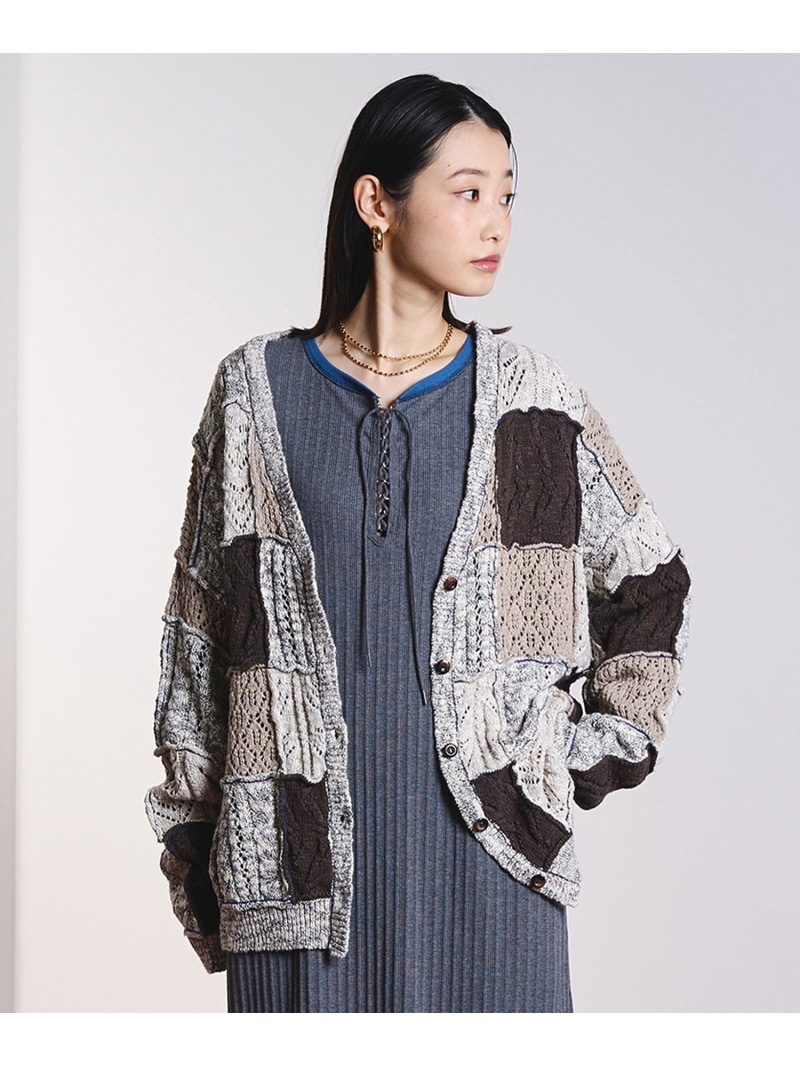 PATCHWORK KNIT CARDIGAN ROSE BUD ローズバッド トップス 編み物 オレンジ色 ベージュ【貨物輸送無料】[ Fashion] トップス-ニット・セーター-レディースファッション