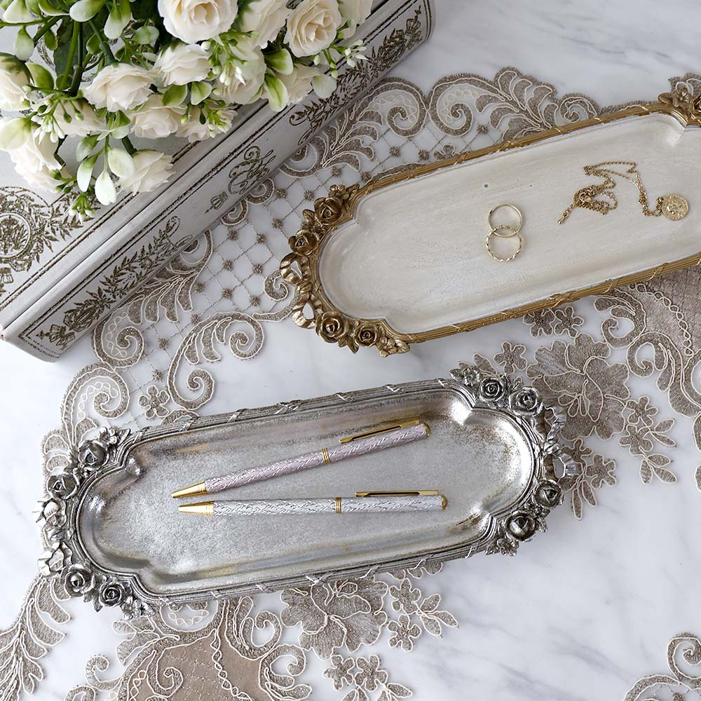 アクセサリートレー*ロココデコ*31cm*アイボリー*トレイ*アンティーク調*シック*キャッシュトレー キャッシュトレイ 小物入れ 18cm トレイ  ゴールド アンティーク おしゃれ ステンレス オーバルトレイ 小物 収納 カルトン キャッシュトレー マネートレイ アクセサリー ...