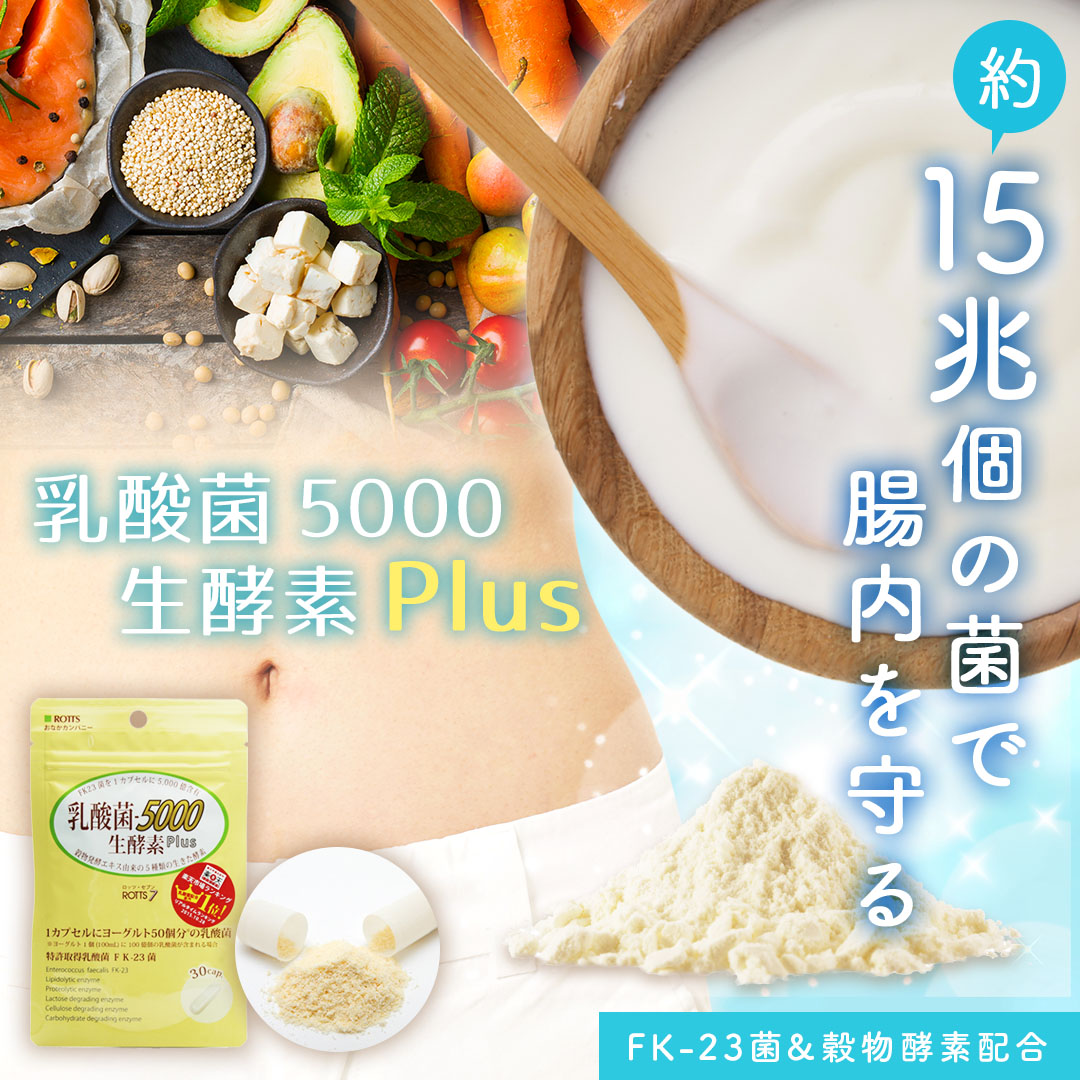 豊富な品 乳酸菌5000 生酵素Plus 30カプセル入×4個 あなたの善玉菌を増やす 乳酸菌生酵素サプリ スッキリ ダイエット 1袋に15兆個の乳酸菌  FK-23 FK23 消化酵素 腸活 免疫力アップ 腸内フローラ 菌活 送料無料 ROTTS ロッツ fucoa.cl