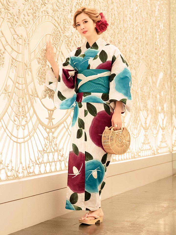 楽天市場 送料無料 あす楽 浴衣3点セット 浴衣 3点セット大輪レトロモダン椿浴衣セット 赤 白 青 花柄 浴衣セット レディース Rouge ルージュ Hy4145 ek Rouge