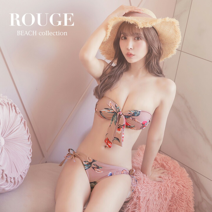 貨物輸送無料 水泳着 ビキニ バンドゥビキニ シュロの葉 花柄 御花 サクラ色 たまり場 砂浜  M146-K010-21MY