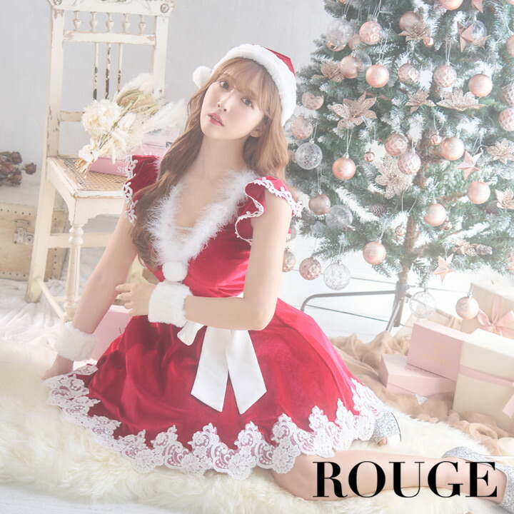 送料無料 一部予約商品 5点set サンタ コスプレ セクシー レディース フレアスカート ワンピース リボン ベロア レース フェイクファー クリスマス イベント パーティー 大きいサイズ コスプレセット ローズレッド モカピンク Rouge ルージュ Ss036yn Roser 21my